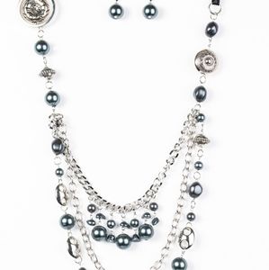 long black pearl multi strand necklace with black ribbon